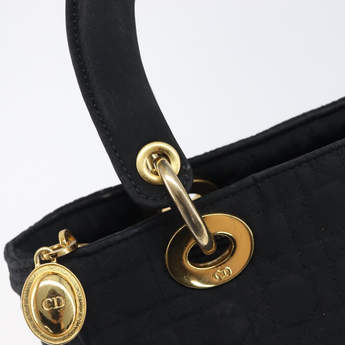 Christian Dior Lady Dior Canage Hand Bag Canvas Black Gold Tone Auth ep16956