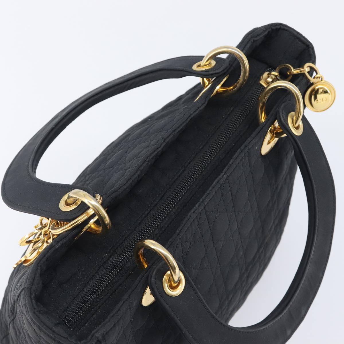 Christian Dior Lady Dior Canage Hand Bag Canvas Black Gold Tone Auth ep16956