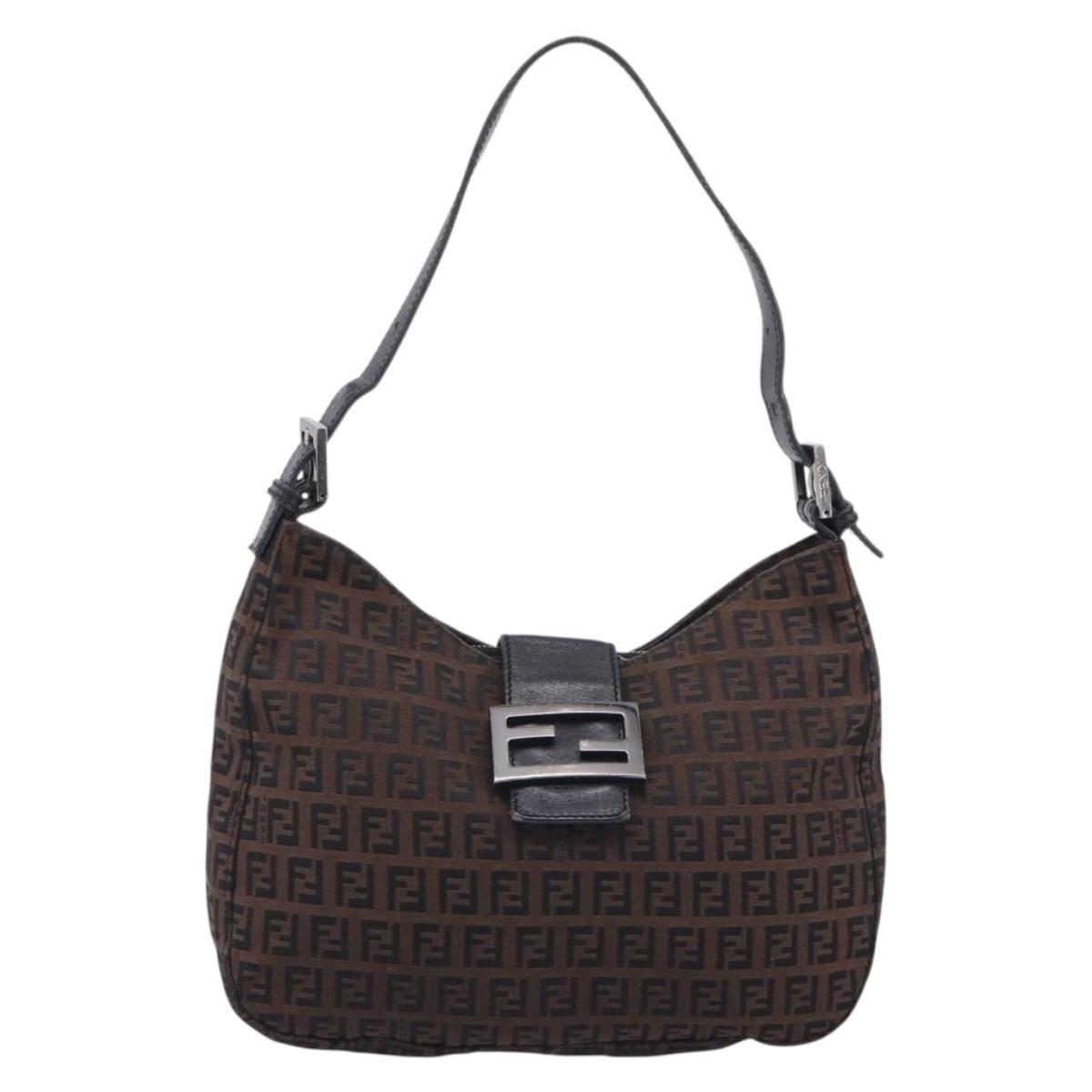 FENDI Zucchino Canvas Mamma Baguette Shoulder Bag Dark Brown 8BR036 Auth ep16960