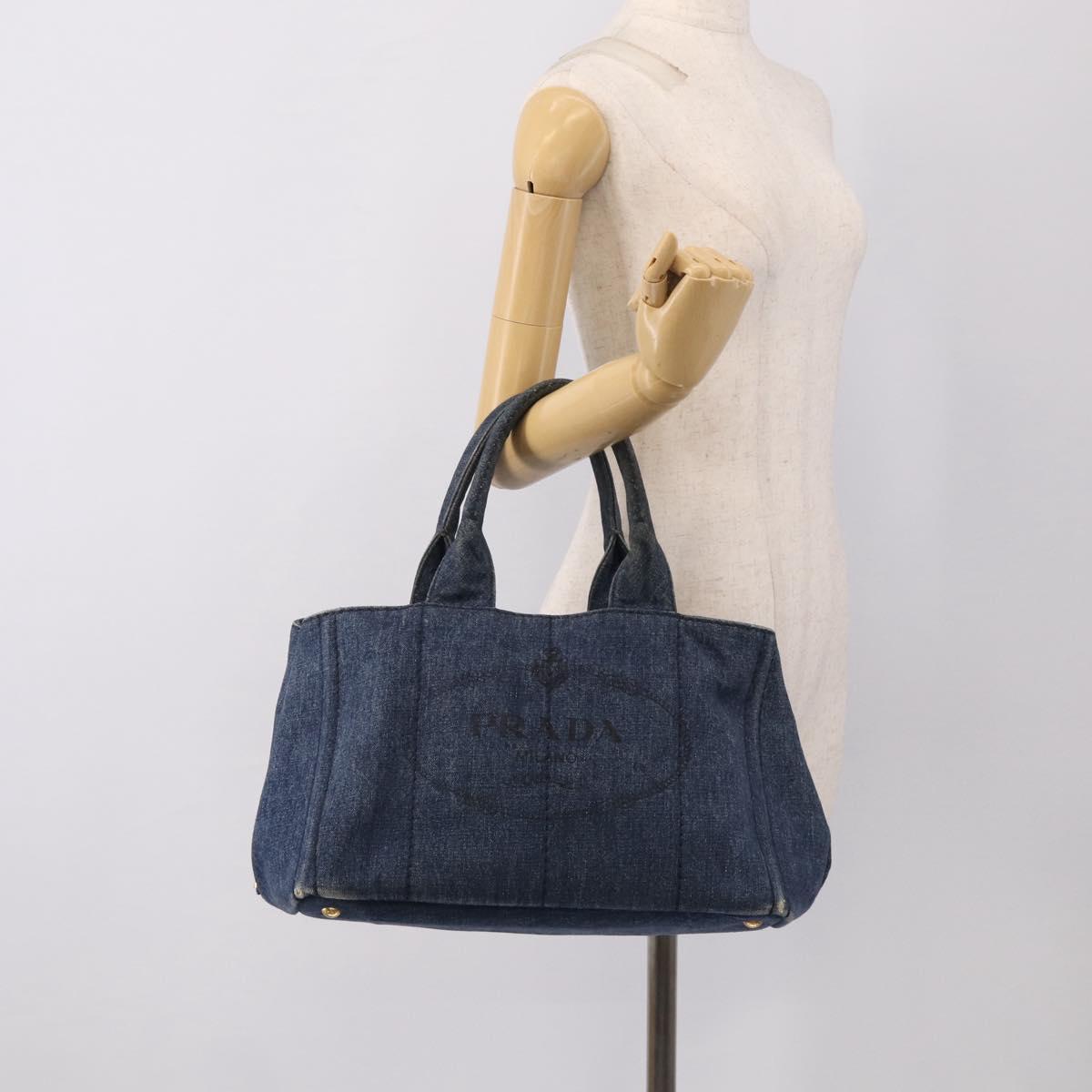 PRADA Canapa MM Hand Bag Denim Blue Gold Tone Auth ep16977
