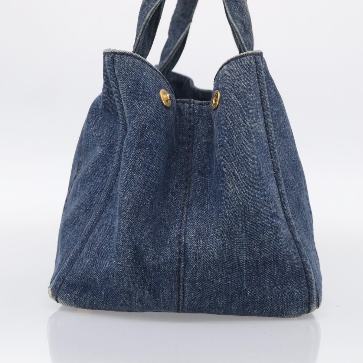 PRADA Canapa MM Hand Bag Denim Blue Gold Tone Auth ep16977
