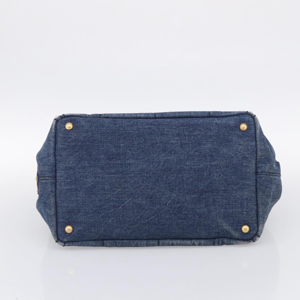 PRADA Canapa MM Hand Bag Denim Blue Gold Tone Auth ep16977