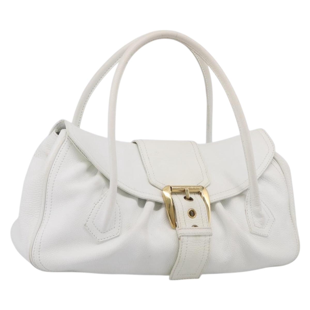 CELINE Hand Bag Leather White Gold Tone Auth ep16986A