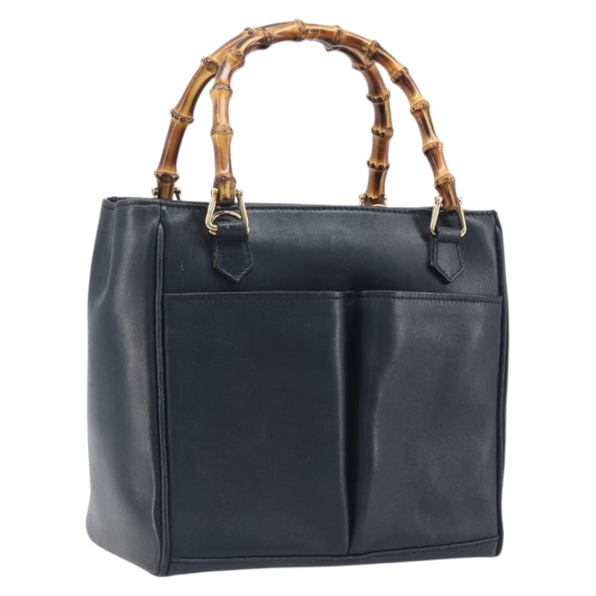 GUCCI Bamboo Hand Bag Leather Navy Gold Tone 000 1364 0316 Auth ep17004
