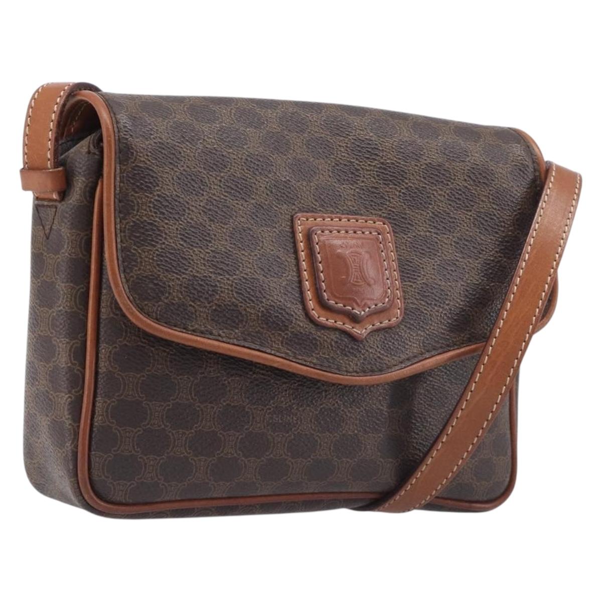 CELINE Macadam Shoulder Bag PVC Brown Gold Tone Auth ep17042