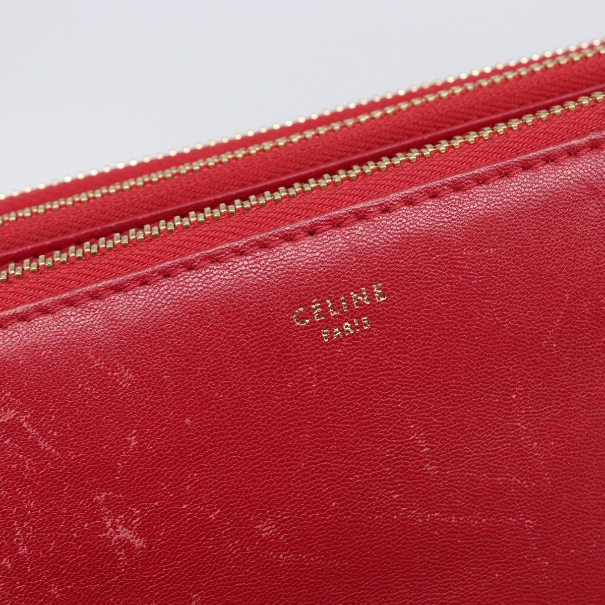 CELINE Trio Shoulder Bag Leather Red Gold Tone Auth ep17054