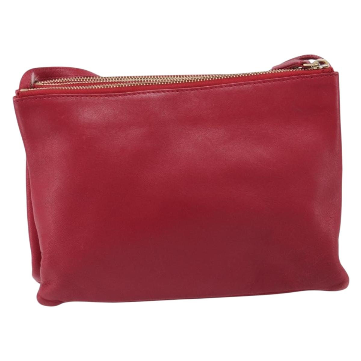 CELINE Trio Shoulder Bag Leather Red Gold Tone Auth ep17054