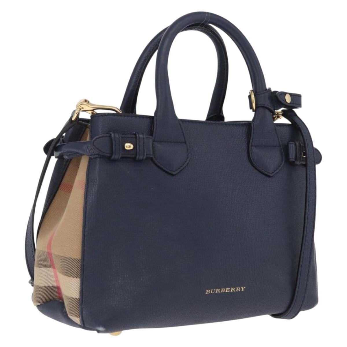BURBERRY Hand Bag Leather 2way Navy Gold Tone Auth ep17058