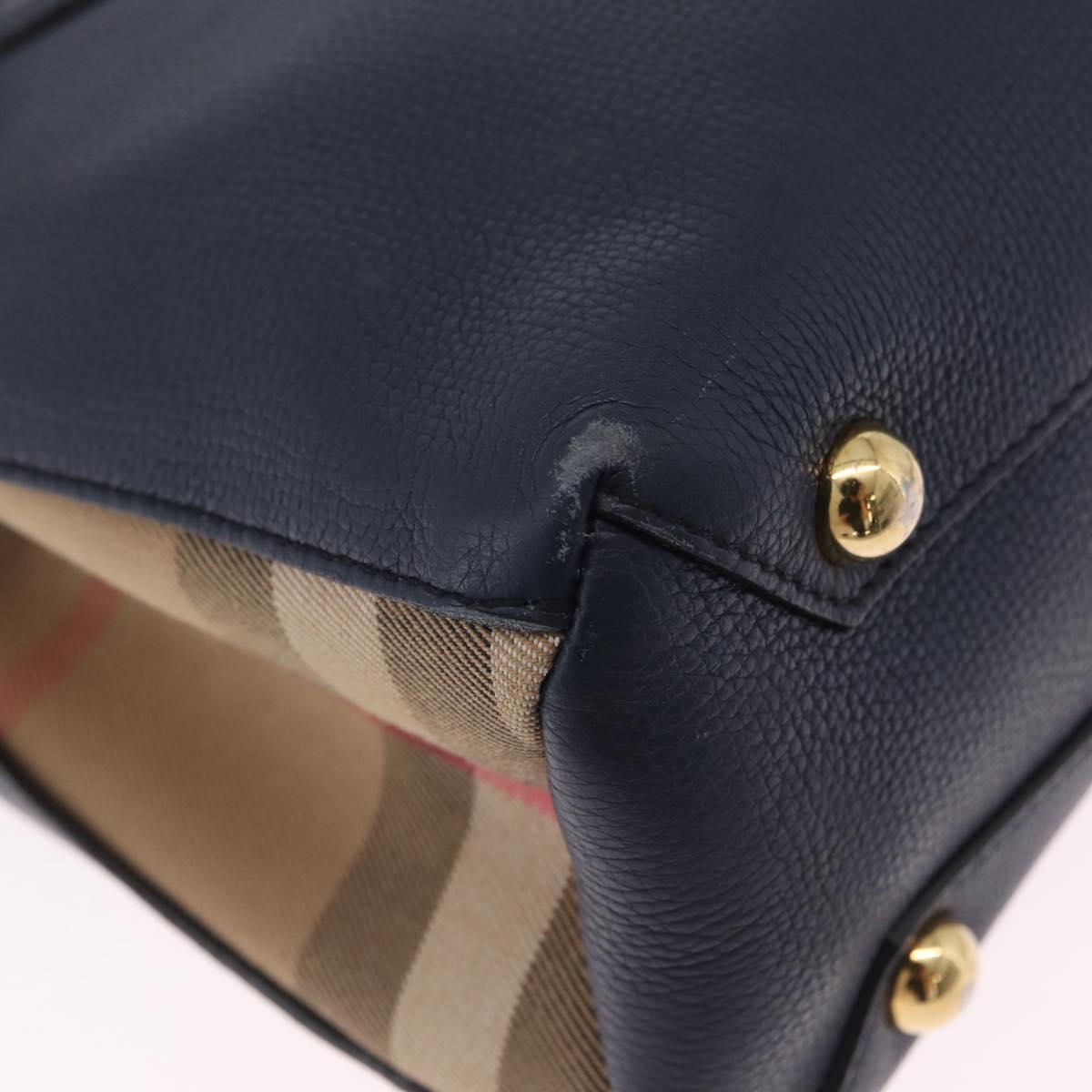 BURBERRY Hand Bag Leather 2way Navy Gold Tone Auth ep17058