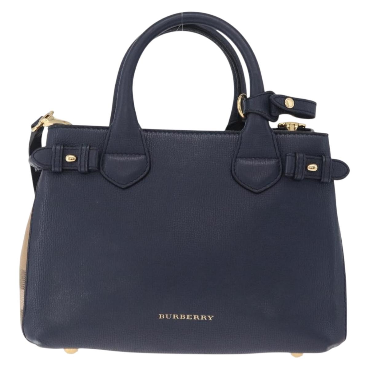 BURBERRY Hand Bag Leather 2way Navy Gold Tone Auth ep17058