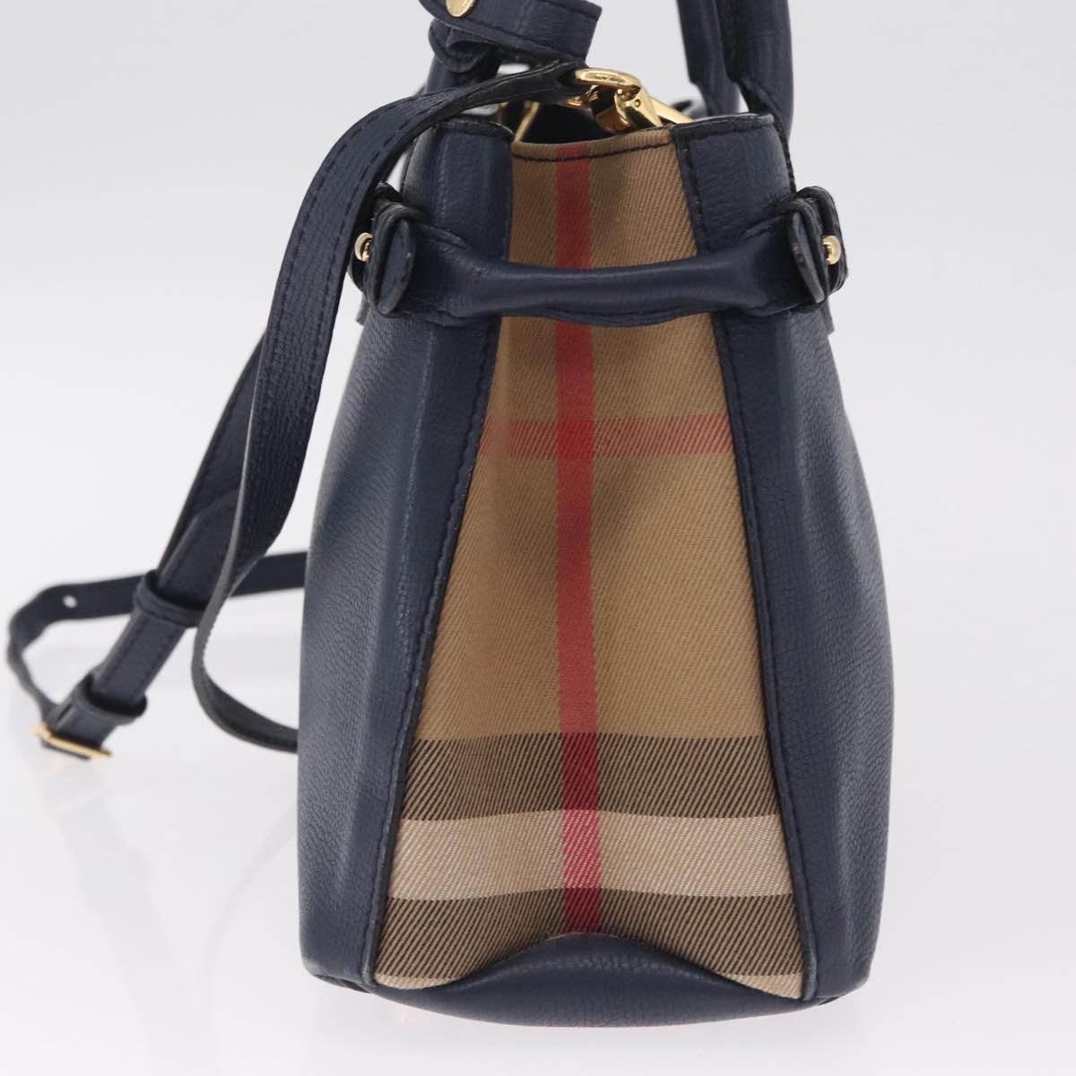 BURBERRY Hand Bag Leather 2way Navy Gold Tone Auth ep17058