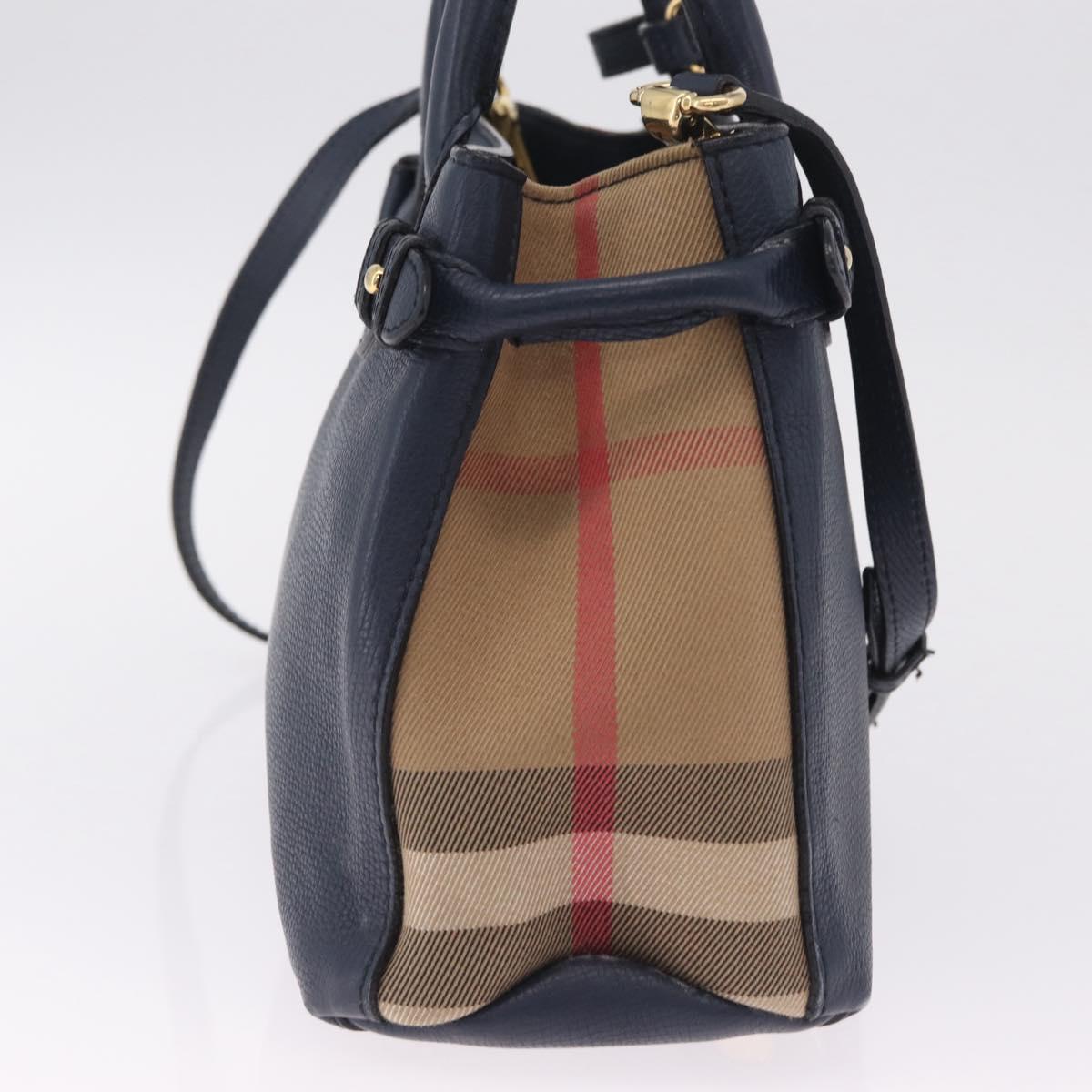 BURBERRY Hand Bag Leather 2way Navy Gold Tone Auth ep17058