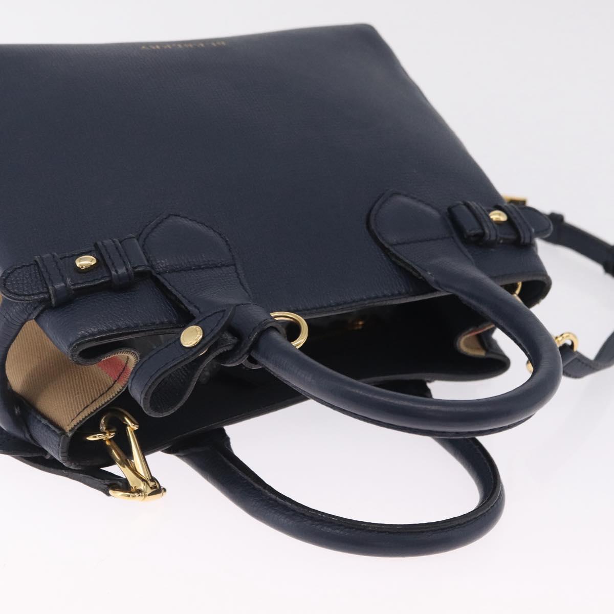 BURBERRY Hand Bag Leather 2way Navy Gold Tone Auth ep17058