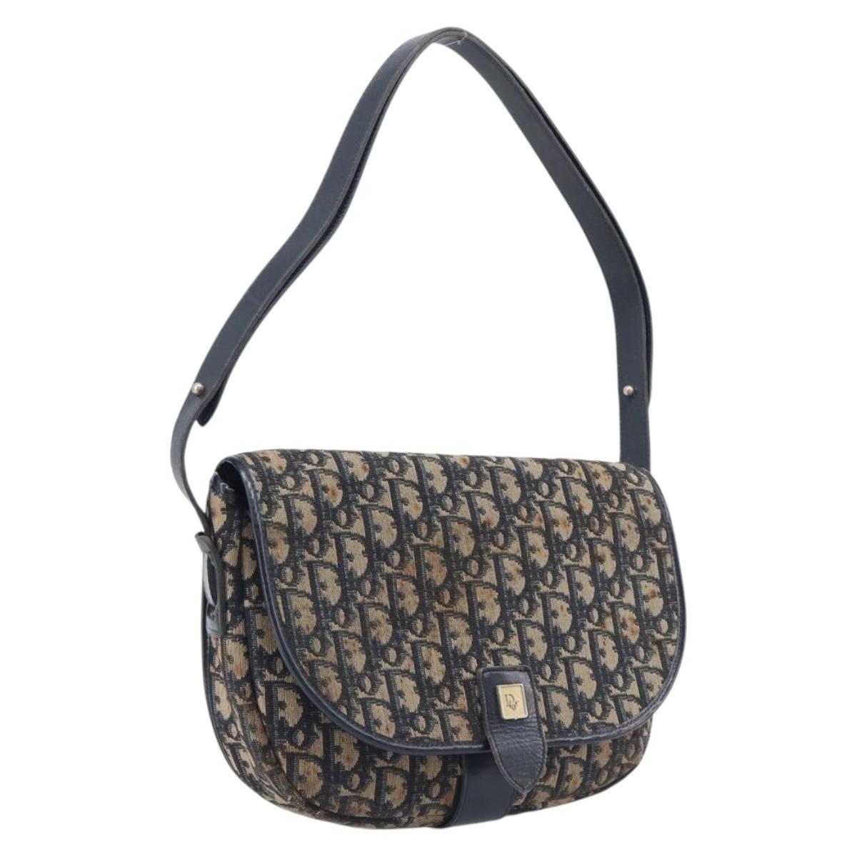Christian Dior Trotter Canvas Shoulder Bag Navy Gold Tone Auth ep17074