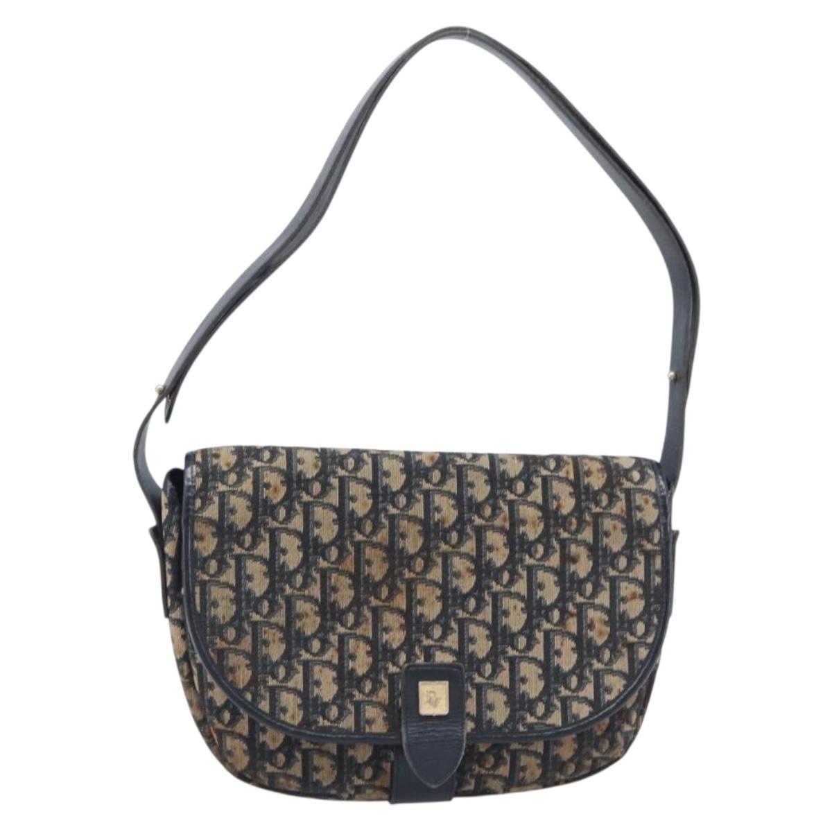 Christian Dior Trotter Canvas Shoulder Bag Navy Gold Tone Auth ep17074