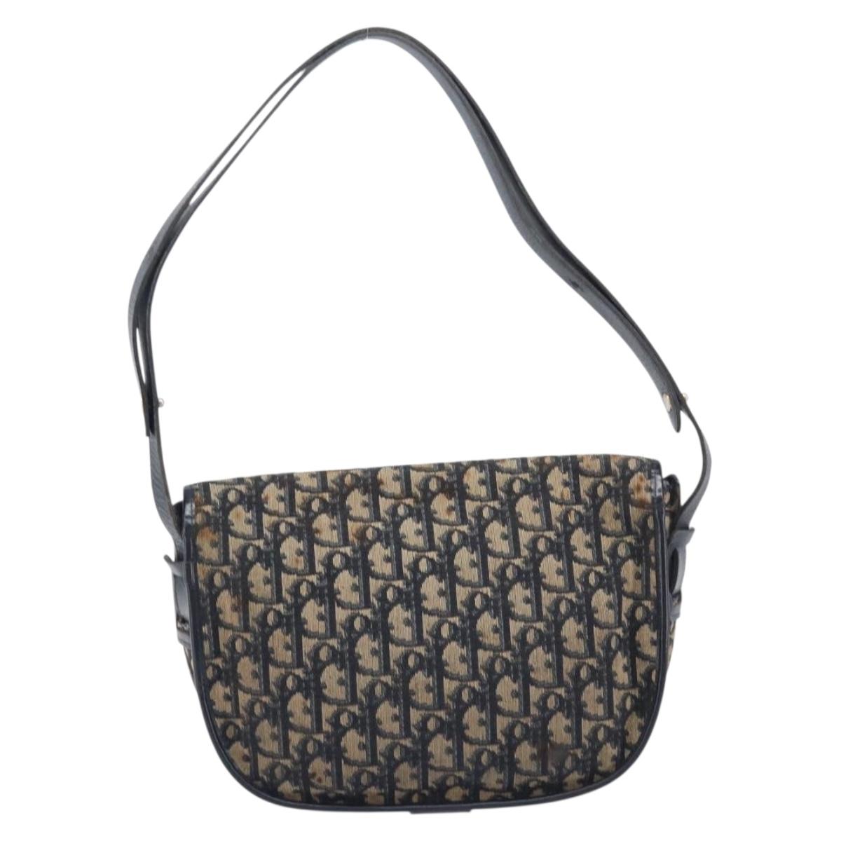 Christian Dior Trotter Canvas Shoulder Bag Navy Gold Tone Auth ep17074