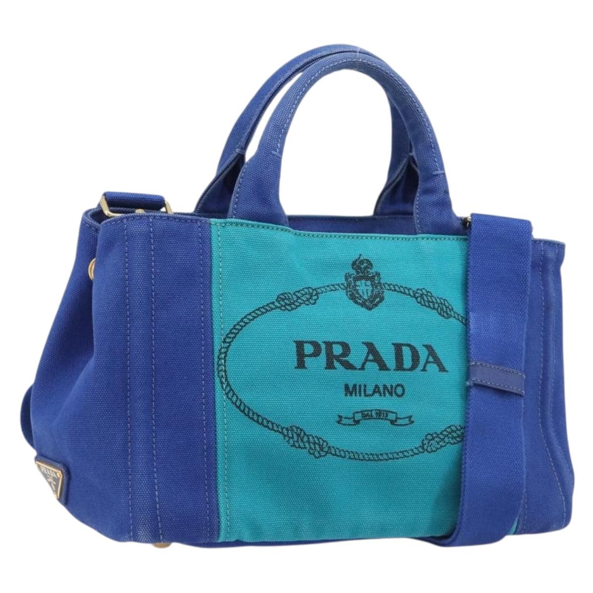 PRADA Canapa PM Hand Bag Canvas 2way Blue Gold Tone Auth ep17081