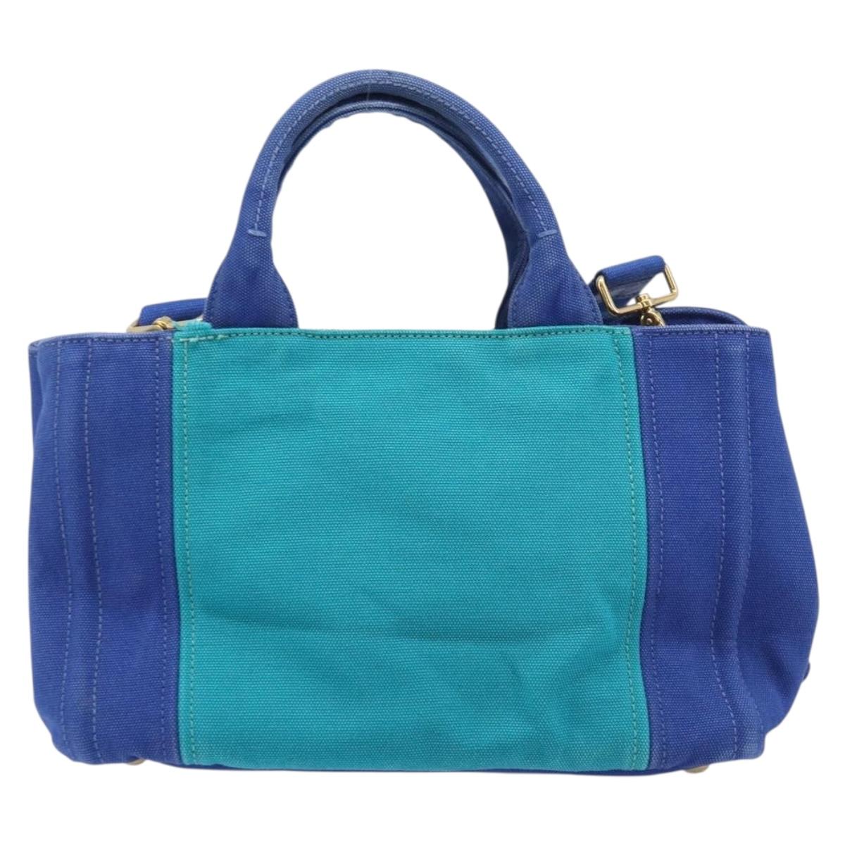 PRADA Canapa PM Hand Bag Canvas 2way Blue Gold Tone Auth ep17081