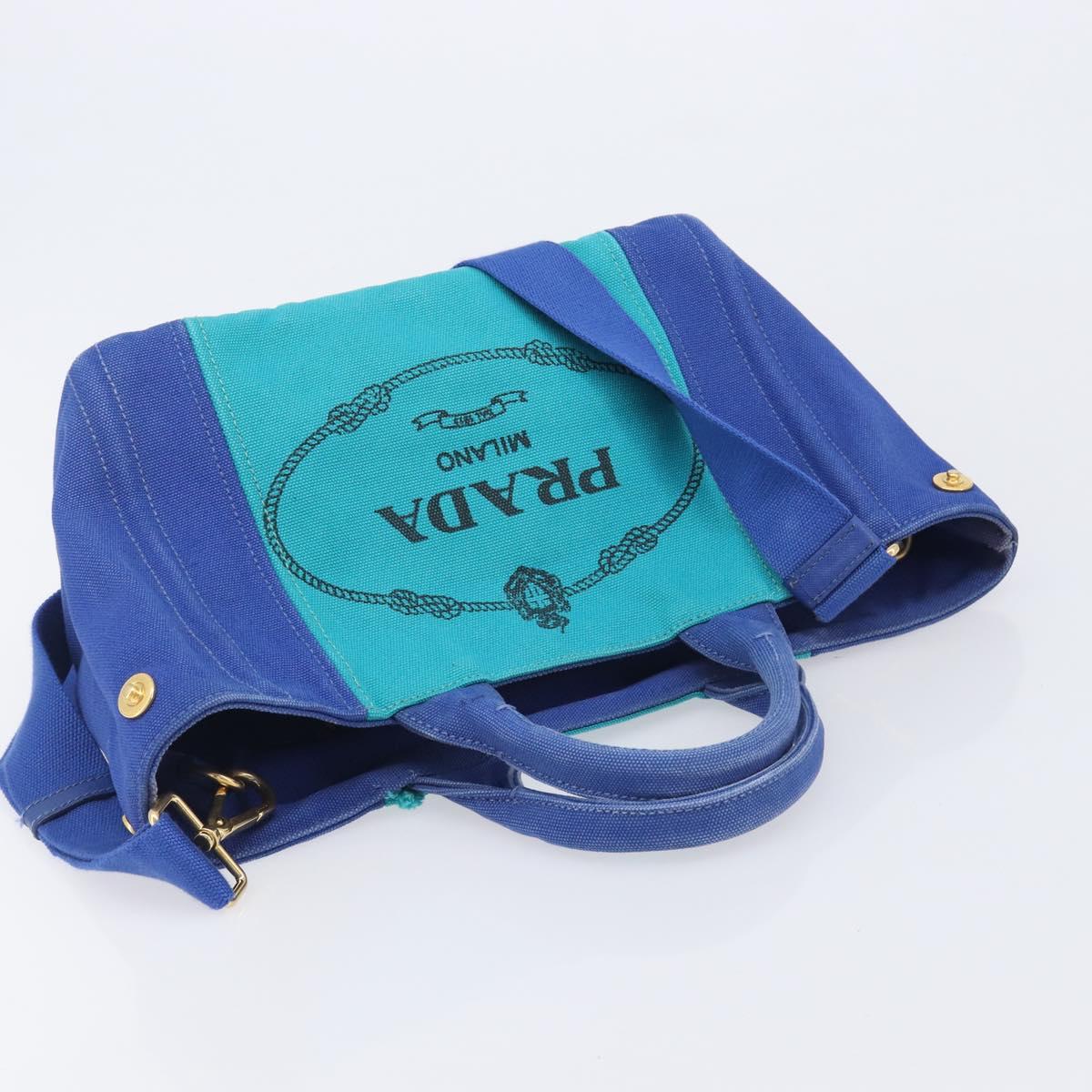 PRADA Canapa PM Hand Bag Canvas 2way Blue Gold Tone Auth ep17081