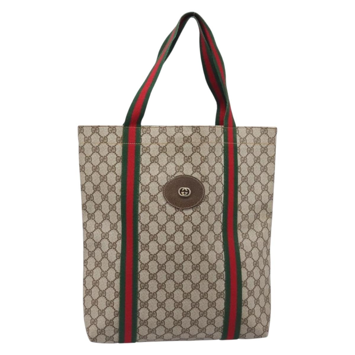 GUCCI GG Supreme Web Sherry Line Tote Bag PVC Beige Gold Tone Auth ep17091