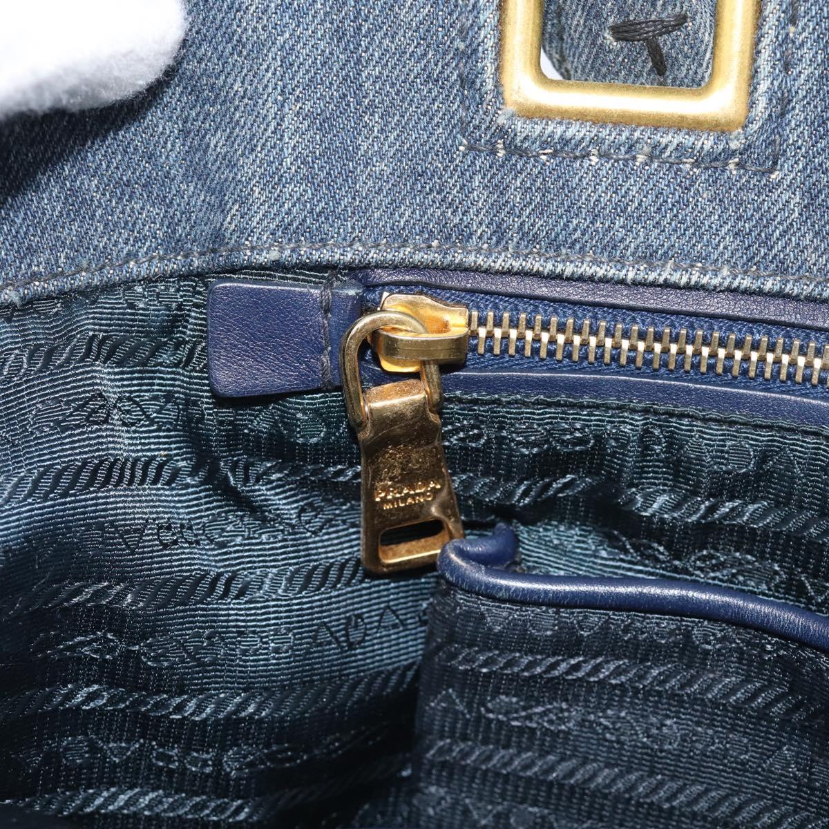 PRADA Canapa Hand Bag Denim Blue Gold Tone Auth ep17099