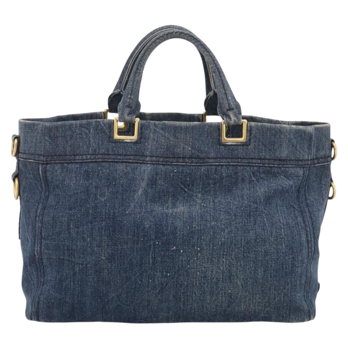 PRADA Canapa Hand Bag Denim Blue Gold Tone Auth ep17099