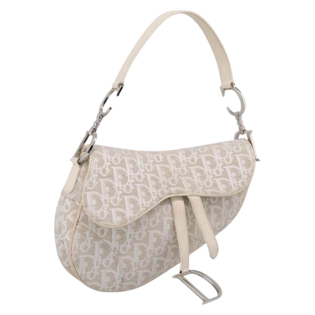 Christian Dior Trotter Canvas saddle Hand Bag Beige Silver Auth ep17108V