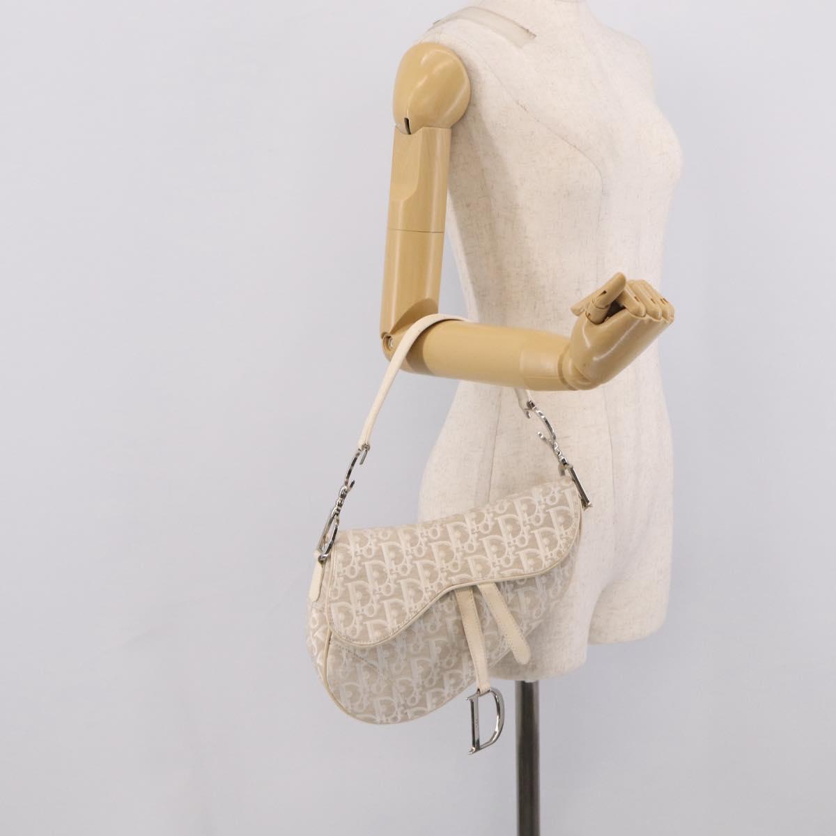 Christian Dior Trotter Canvas saddle Hand Bag Beige Silver Auth ep17108V