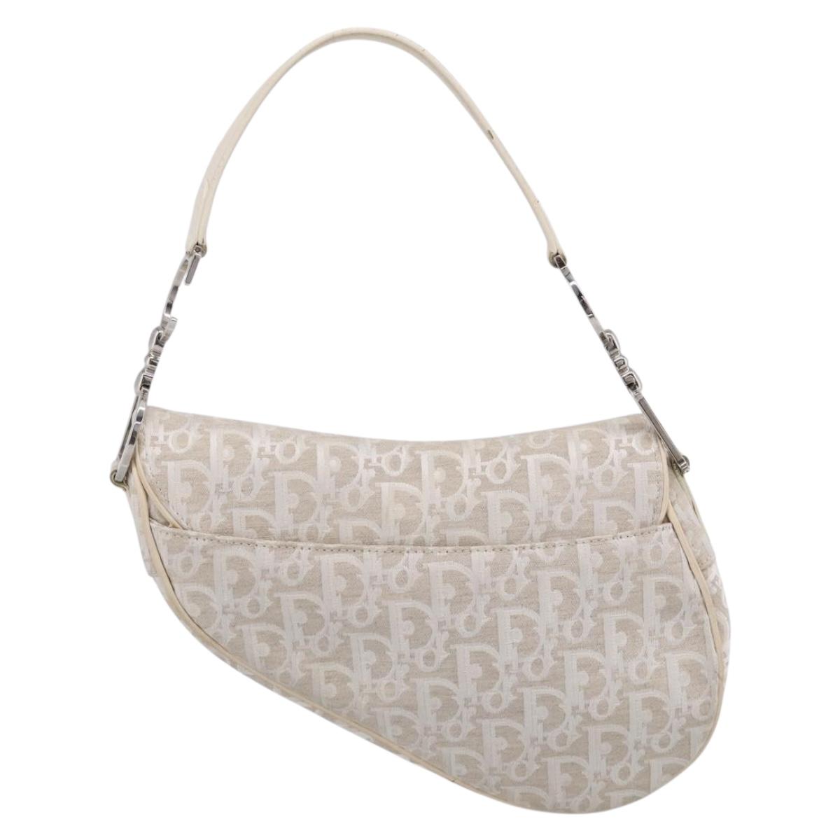 Christian Dior Trotter Canvas saddle Hand Bag Beige Silver Auth ep17108V