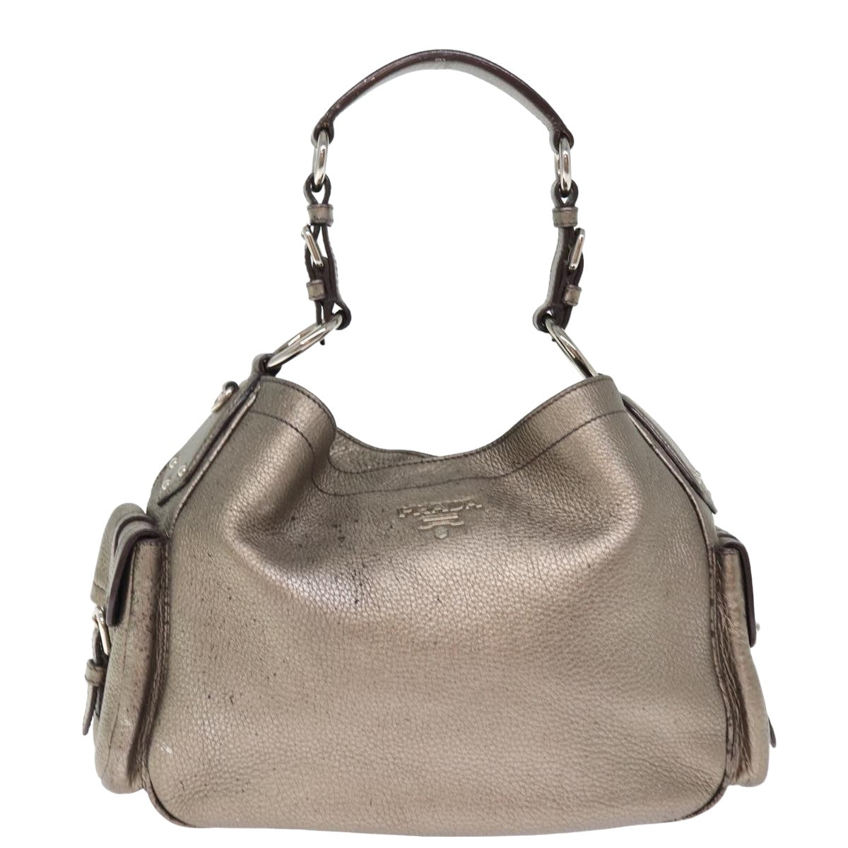 PRADA Shoulder Bag Leather Silver Auth ep4586