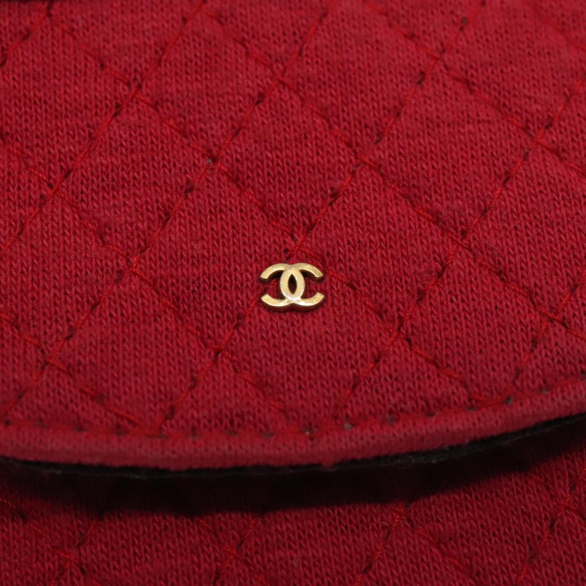 CHANEL Chain Quilted Shoulder Pouch Cotton Gold Red CC Auth ep5533