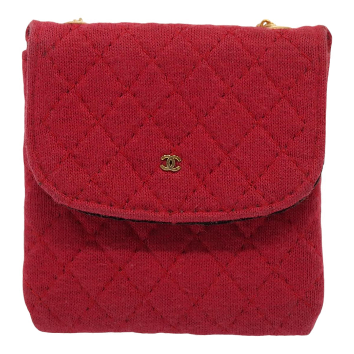 CHANEL Chain Quilted Shoulder Pouch Cotton Gold Red CC Auth ep5533