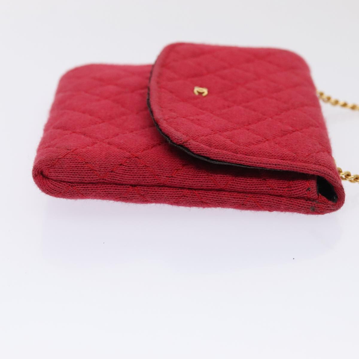 CHANEL Chain Quilted Shoulder Pouch Cotton Gold Red CC Auth ep5533