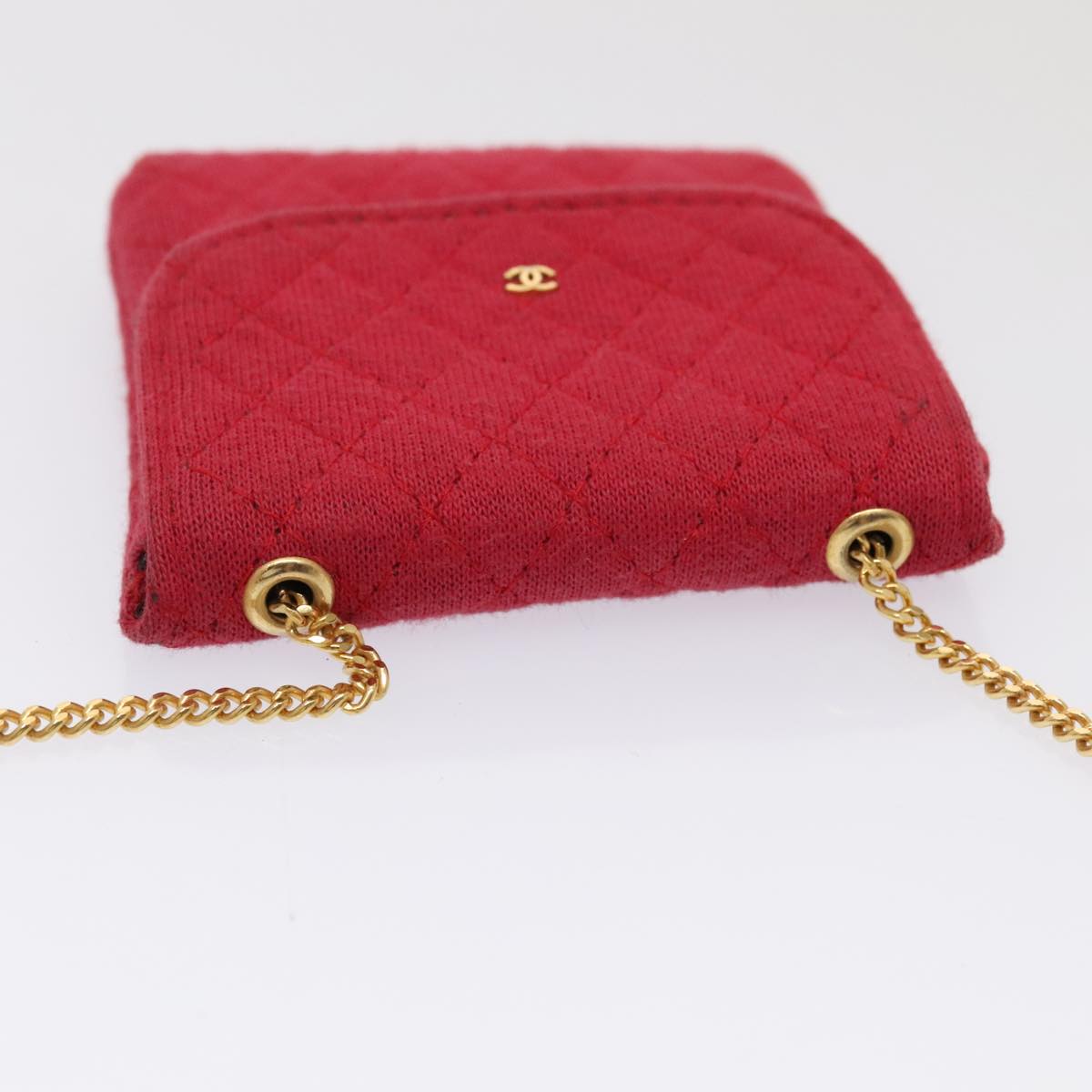 CHANEL Chain Quilted Shoulder Pouch Cotton Gold Red CC Auth ep5533