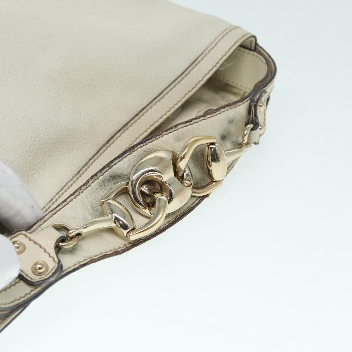 GUCCI Horsebit Shoulder Bag Leather Beige Gold 170013 Auth ep5698