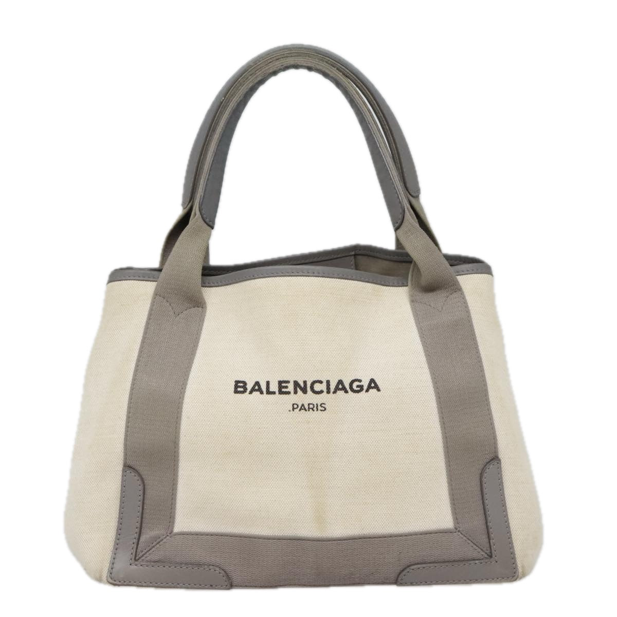 BALENCIAGA Navy Cabas S Hand Bag Canvas Leather White Beige 339933 Auth ep5793