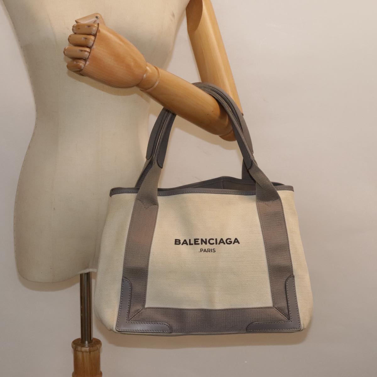 BALENCIAGA Navy Cabas S Hand Bag Canvas Leather White Beige 339933 Auth ep5793