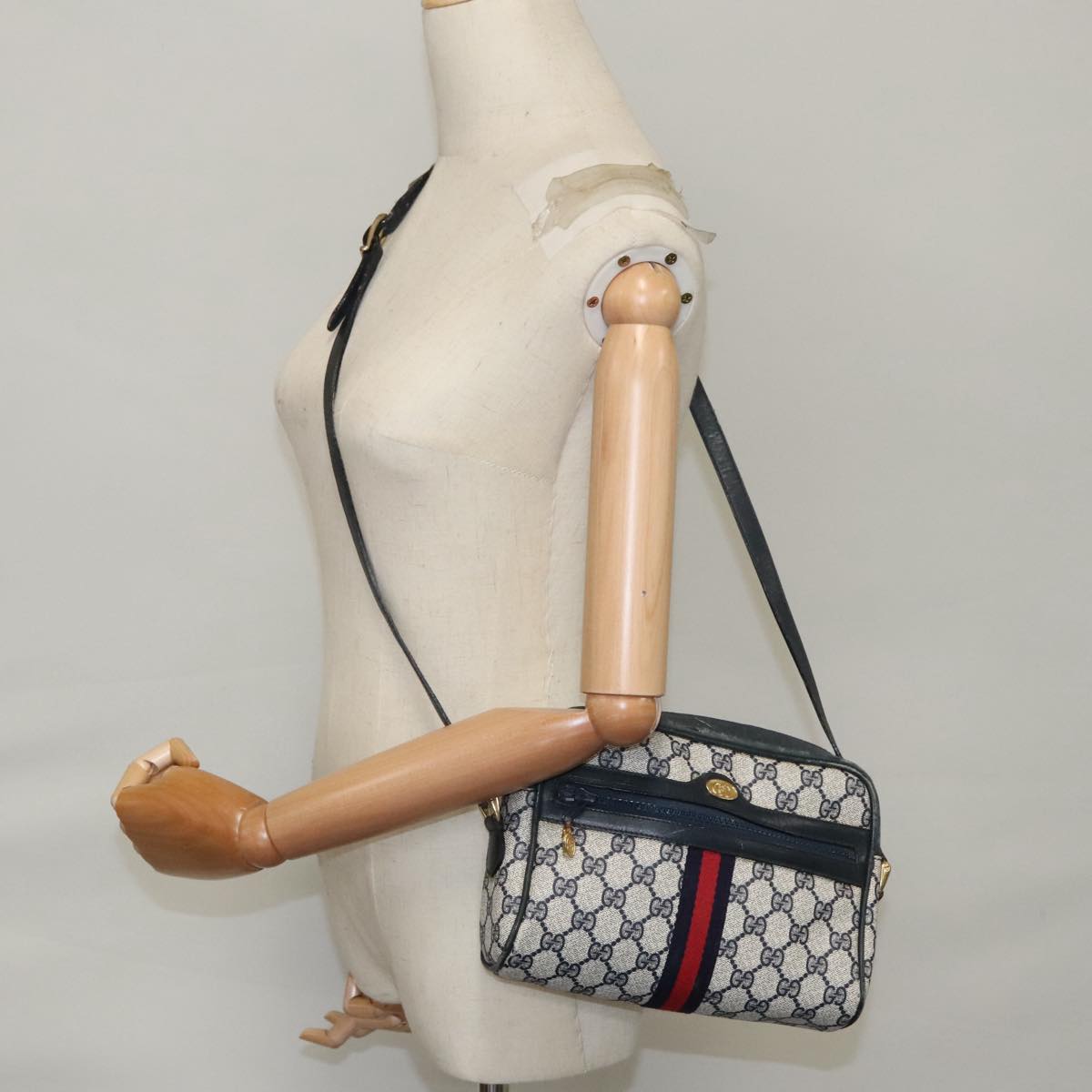 GUCCI GG Supreme Sherry Line Shoulder Bag PVC Leather Navy Red Auth ep7021