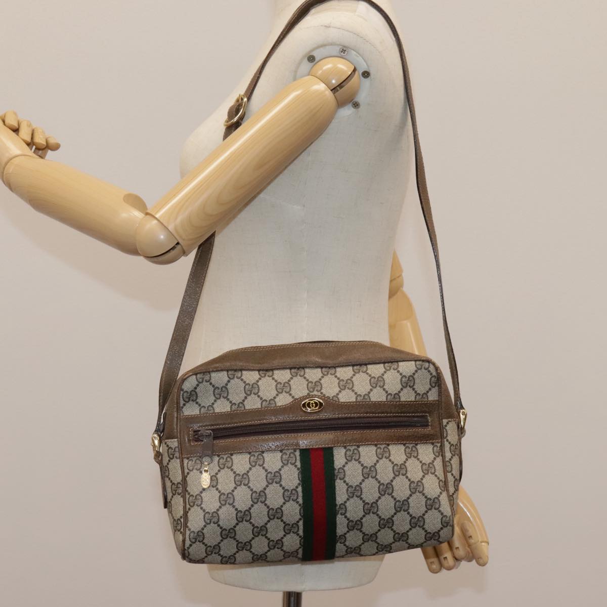 GUCCI GG Supreme Web Sherry Line Shoulder Bag PVC Beige Green Red Auth ep7185