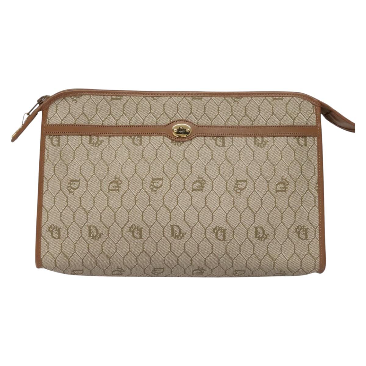 Christian Dior Honeycomb Canvas Clutch Bag PVC Leather Beige Gold Auth ep7407