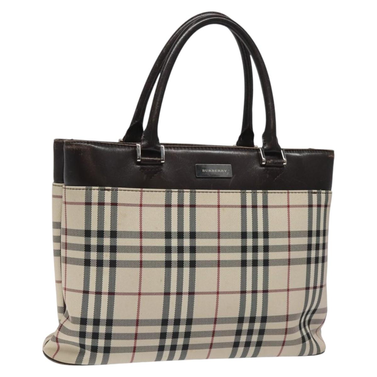 BURBERRY Nova Check Hand Bag Nylon Beige Dark Brown Silver Auth ep7479