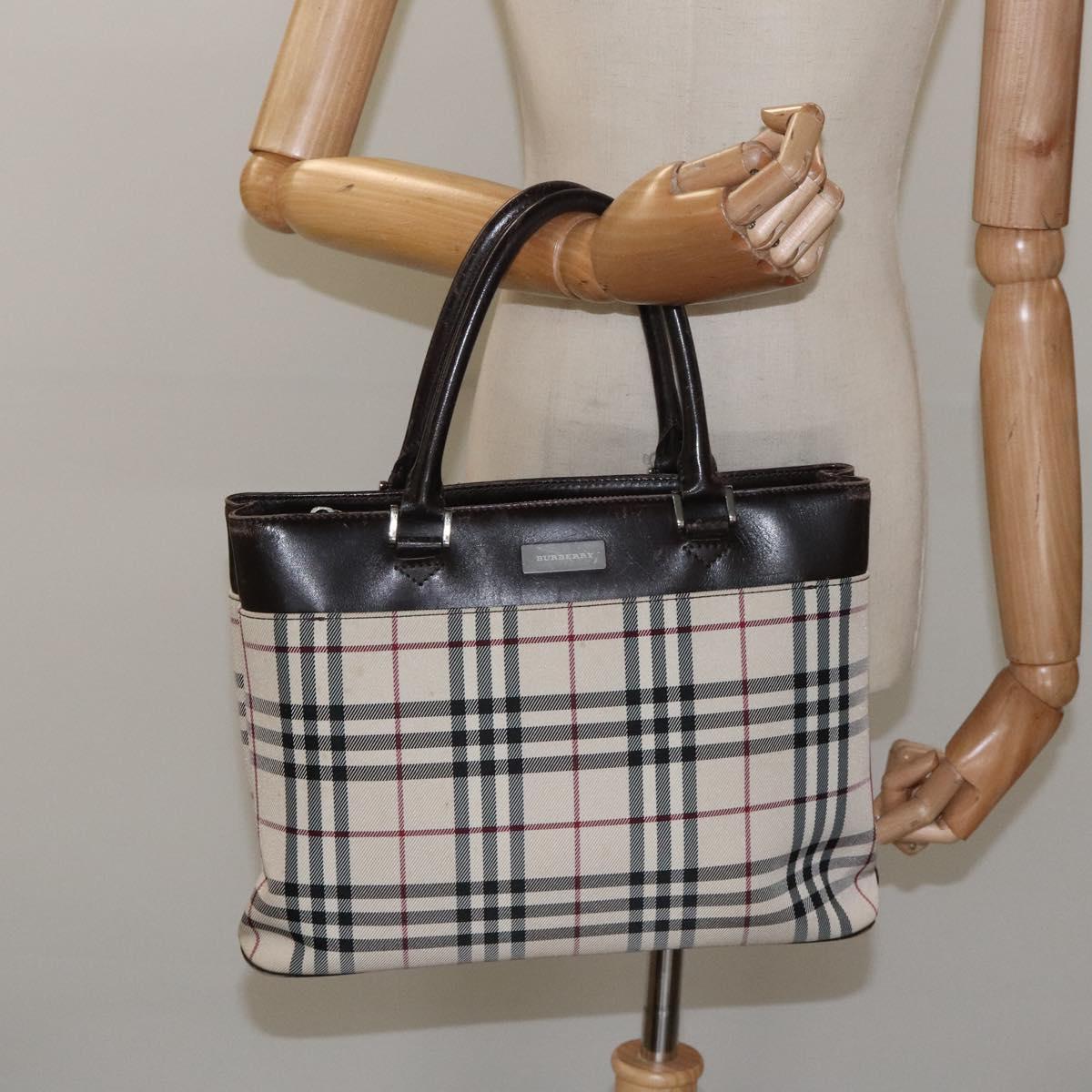 BURBERRY Nova Check Hand Bag Nylon Beige Dark Brown Silver Auth ep7479