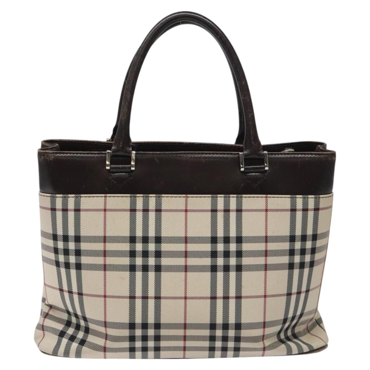 BURBERRY Nova Check Hand Bag Nylon Beige Dark Brown Silver Auth ep7479