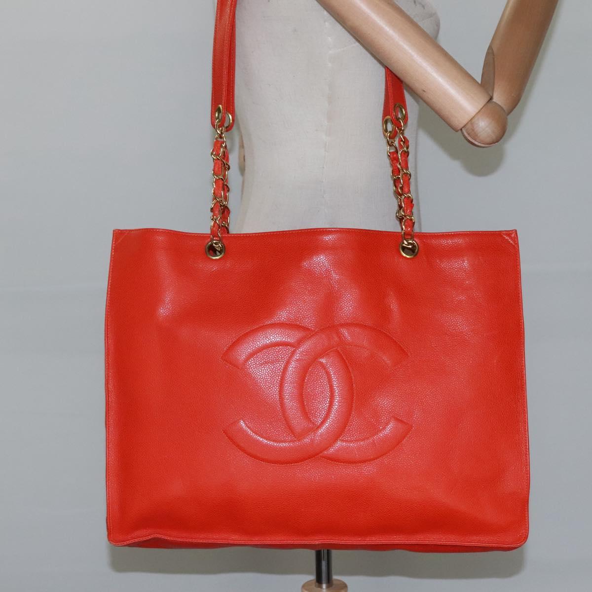 CHANEL Chain Tote Bag Caviar Skin Orange Gold CC Auth ep7741