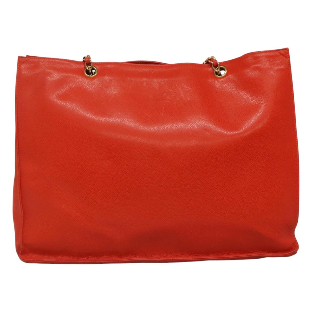 CHANEL Chain Tote Bag Caviar Skin Orange Gold CC Auth ep7741