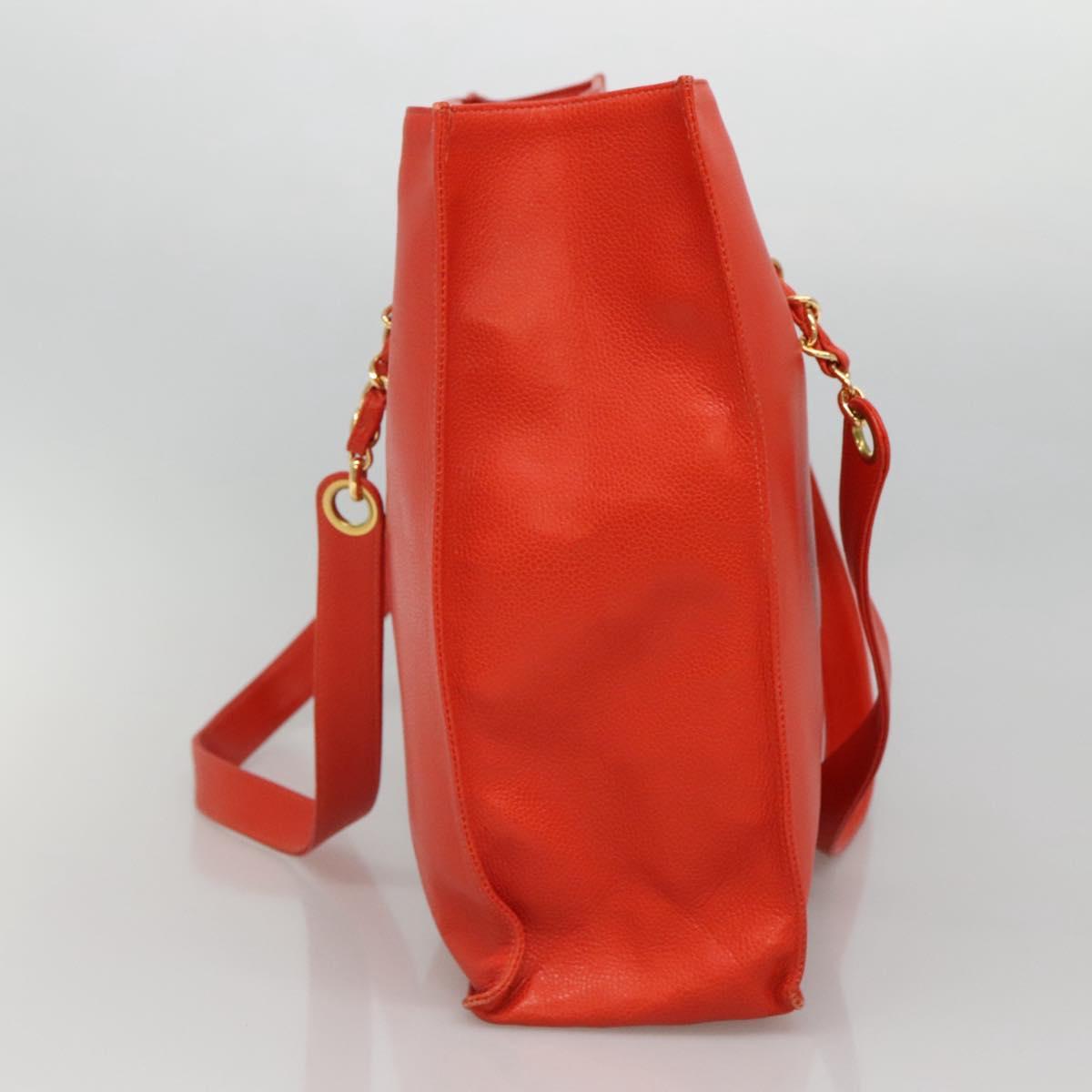 CHANEL Chain Tote Bag Caviar Skin Orange Gold CC Auth ep7741