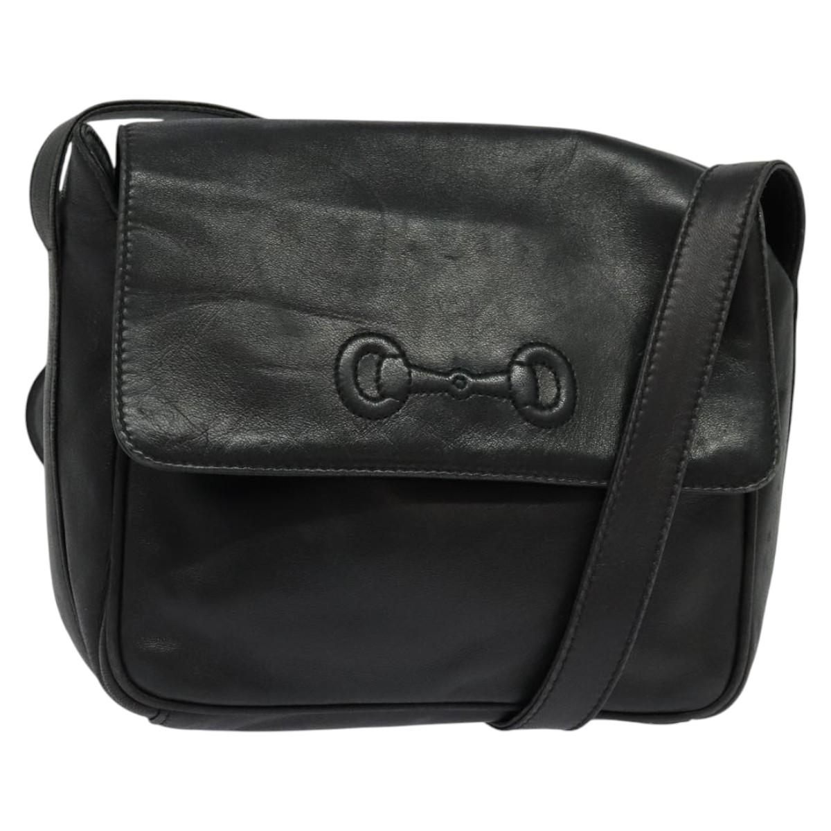 GUCCI Horsebit Shoulder Bag Leather Black Auth ep8101