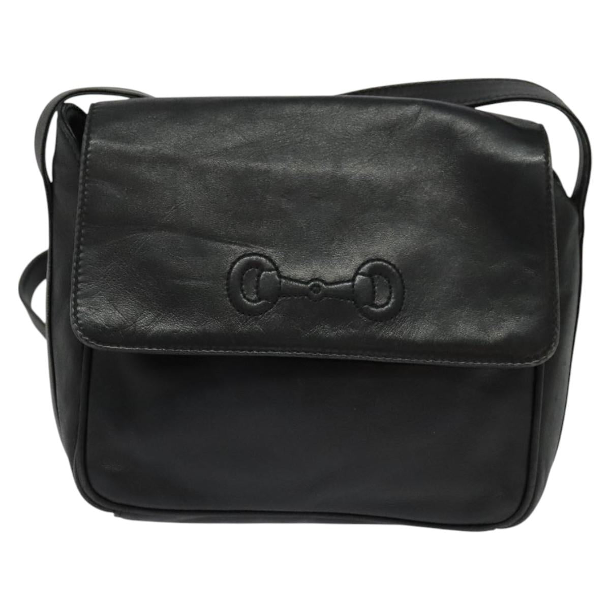 GUCCI Horsebit Shoulder Bag Leather Black Auth ep8101