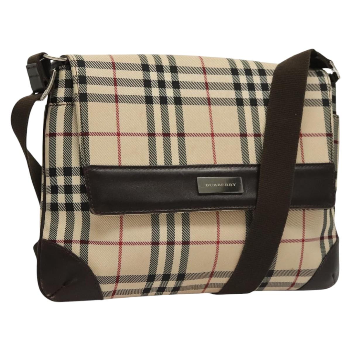 BURBERRY Nova Check Shoulder Bag Nylon Beige Brown Silver Auth ep8167