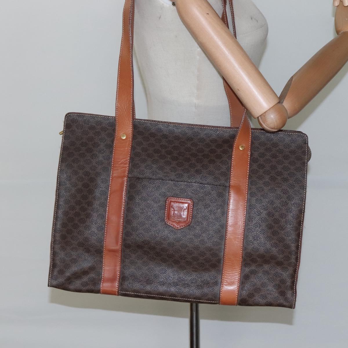 CELINE Macadam Canvas Tote Bag PVC Leather Brown Gold Auth ep8342